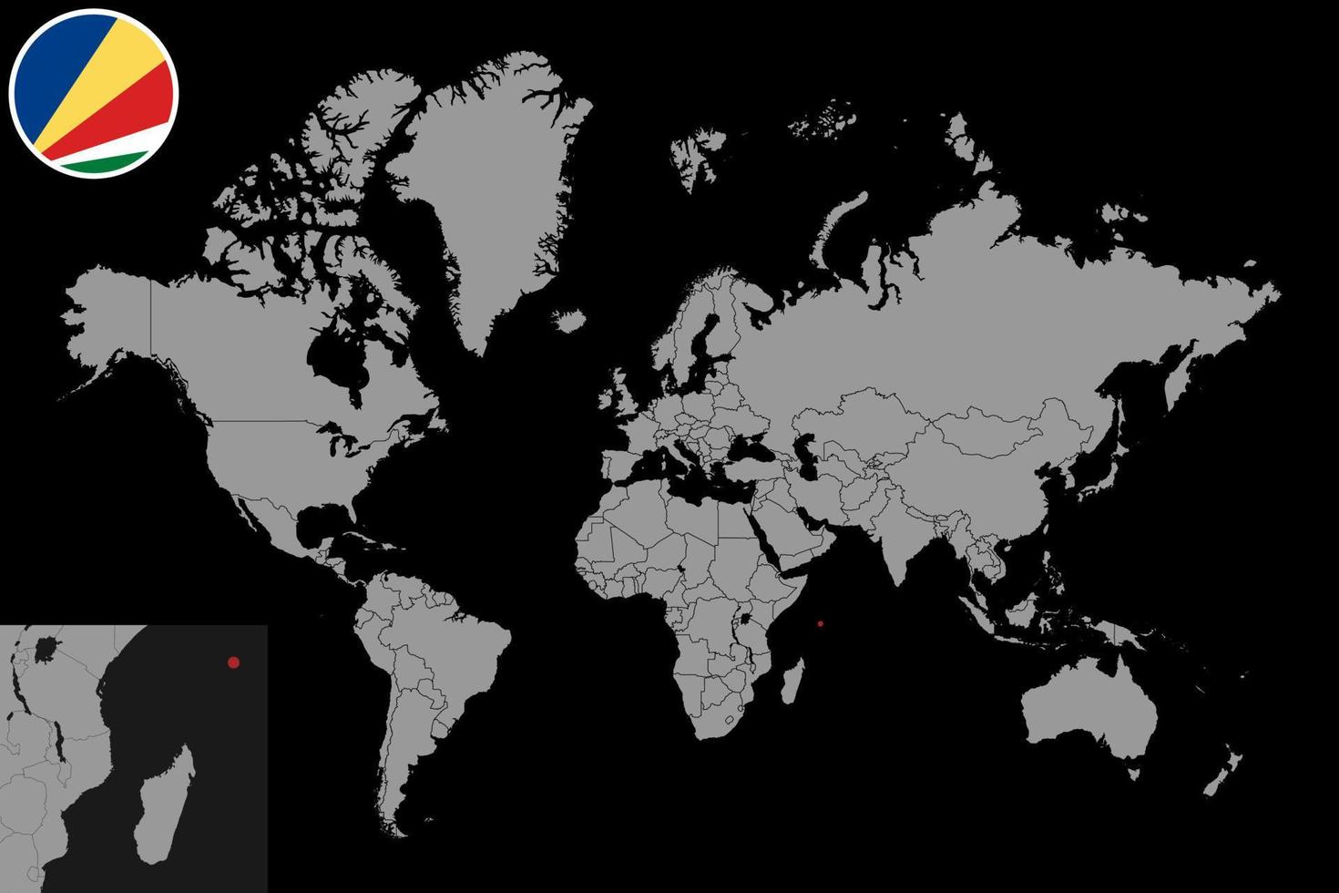 mappa pin con bandiera seychelles sulla mappa del mondo. illustrazione vettoriale. vettore