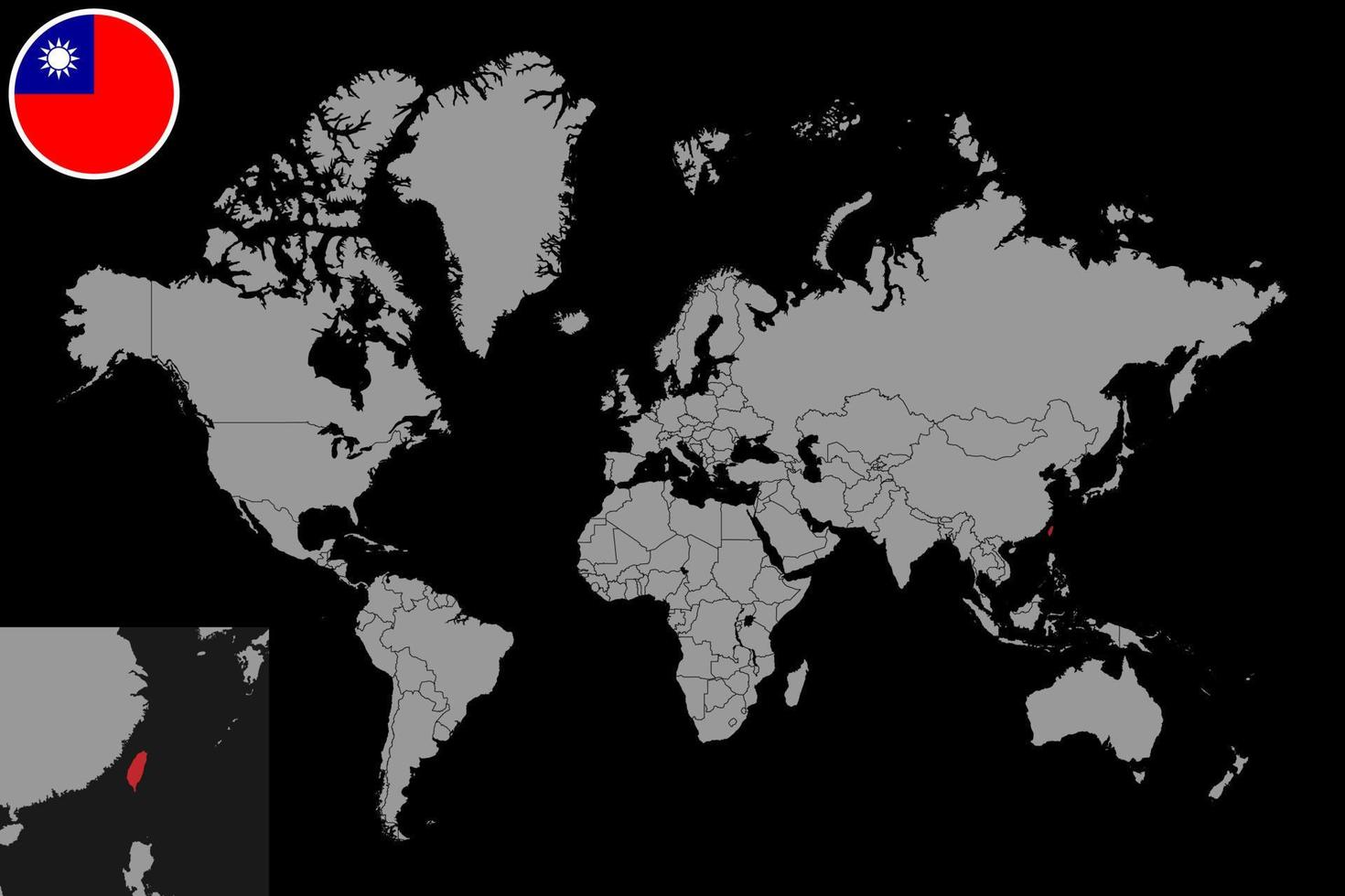mappa pin con bandiera taiwan sulla mappa del mondo.illustrazione vettoriale. vettore