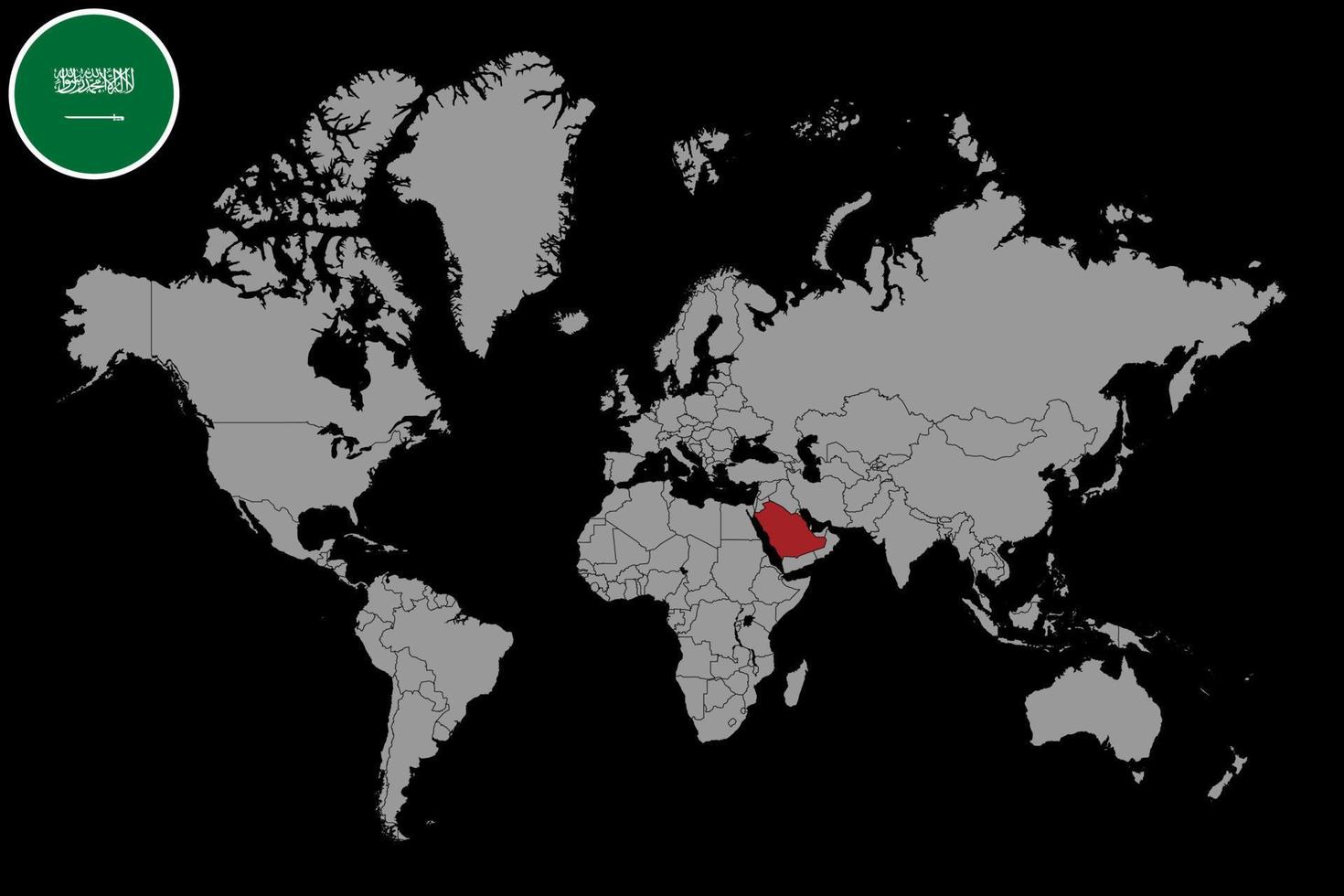 mappa pin con bandiera arabia saudita sulla mappa del mondo. illustrazione vettoriale. vettore