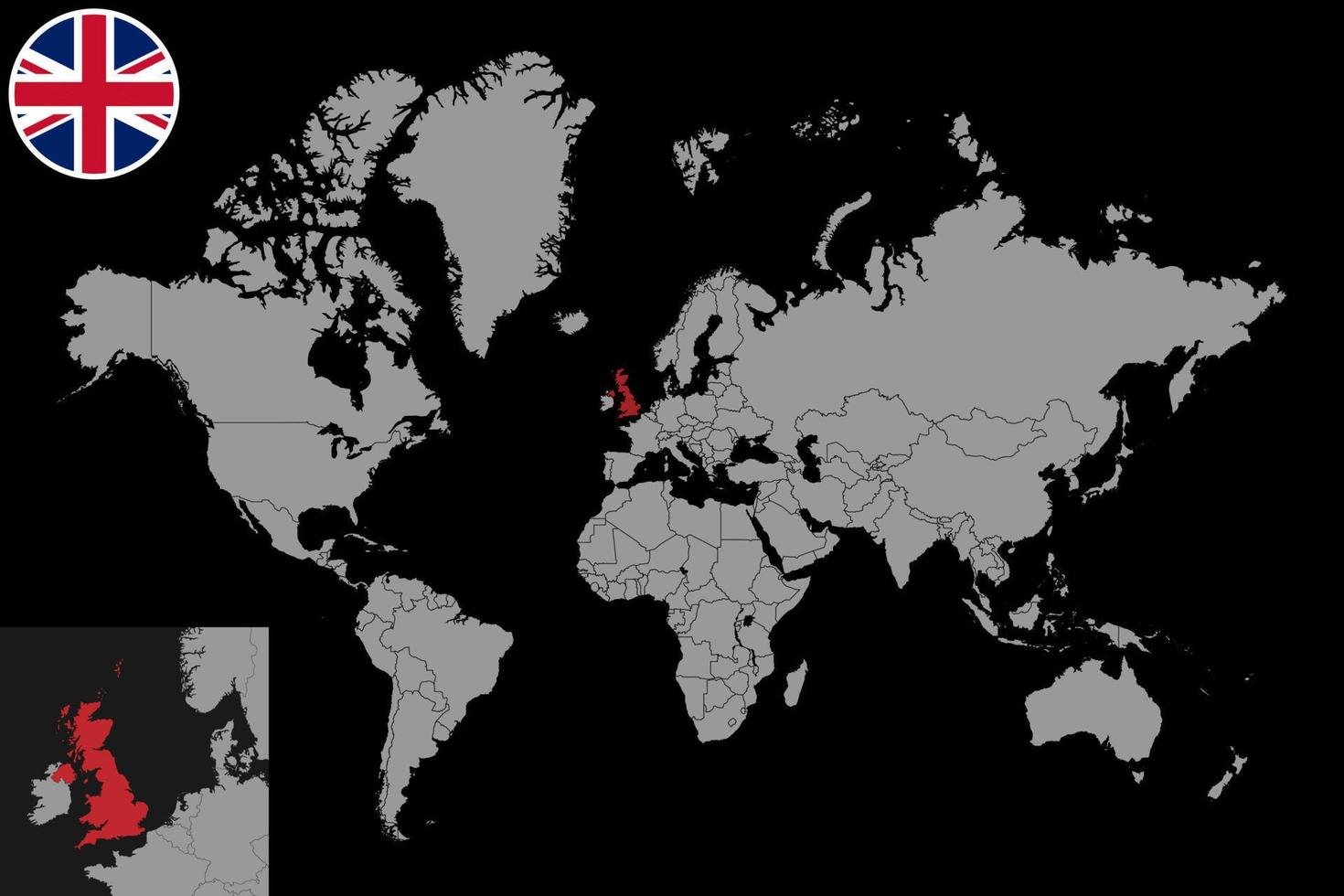 mappa pin con bandiera del Regno Unito sulla mappa del mondo.illustrazione vettoriale. vettore