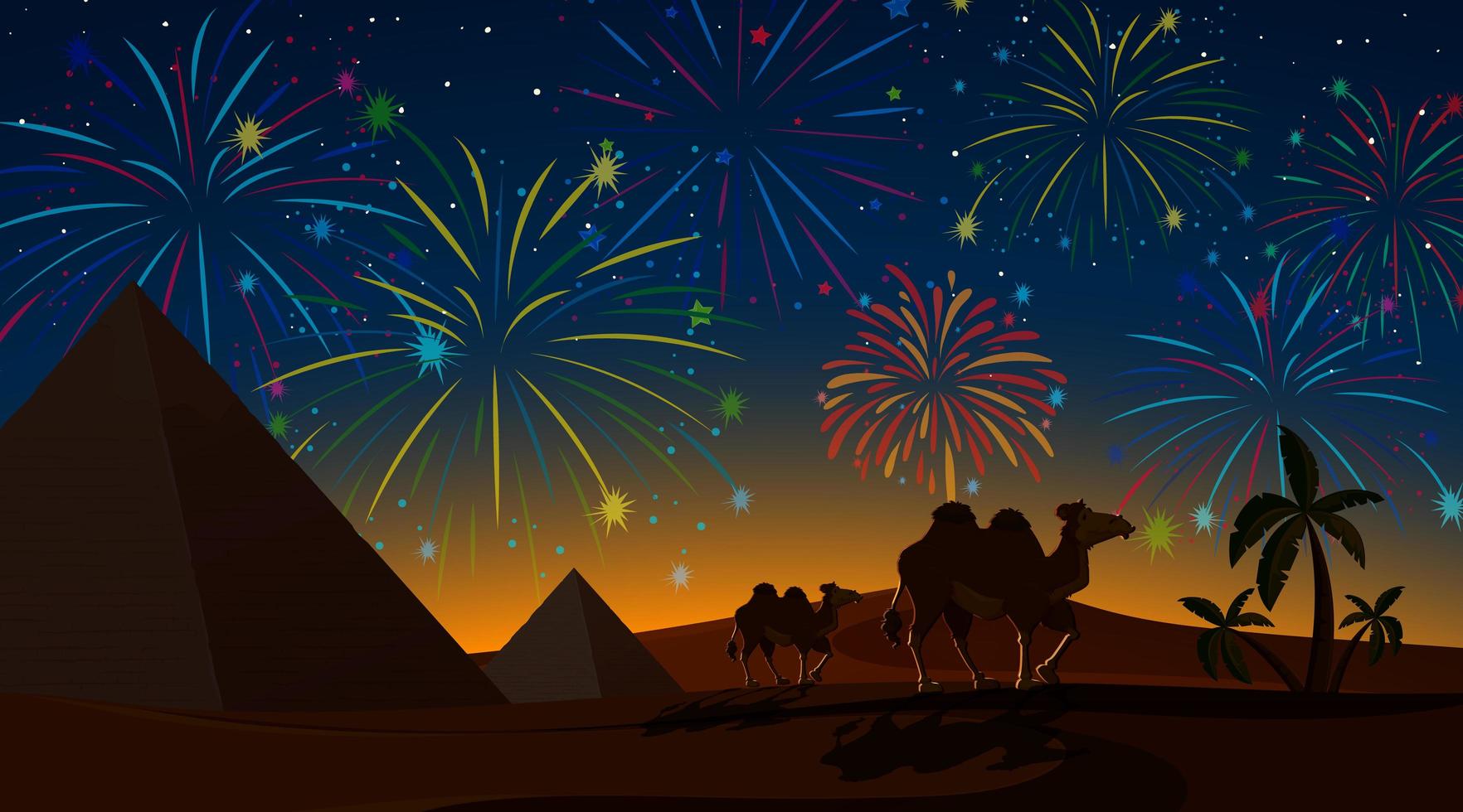 notte nel deserto con la celebrazione dei fuochi d'artificio vettore