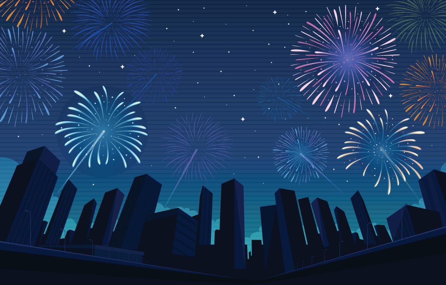 fuoco d'artificio celebrazione con città cielo sfondo vettore