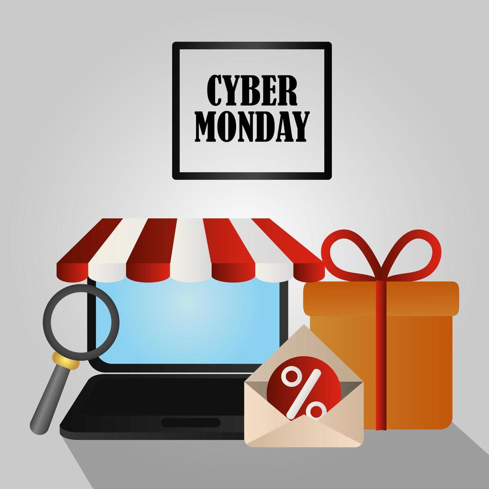 cyber lunedì. laptop, confezione regalo ed e-mail vettore