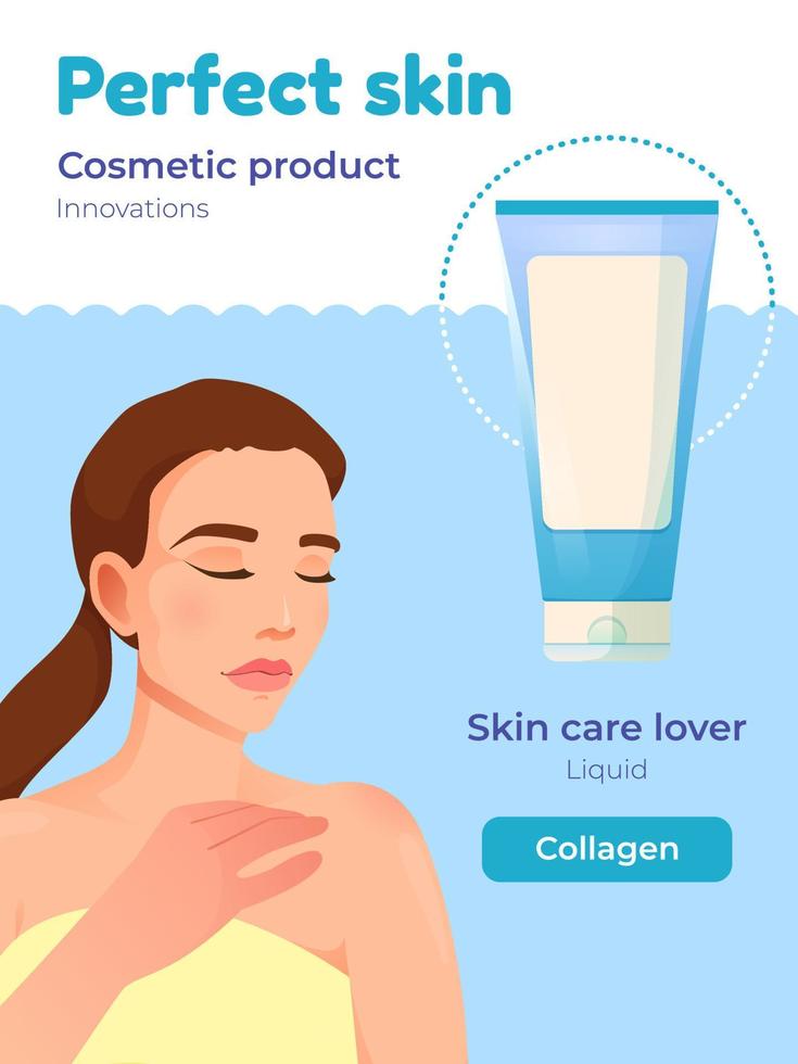 bellezza pelle, design anno Domini modello. idratante pelle pulizia. infografica trattamenti per il viso. bellissimo donna e tubo di cosmetico Prodotto. colorato vettore illustrazione.