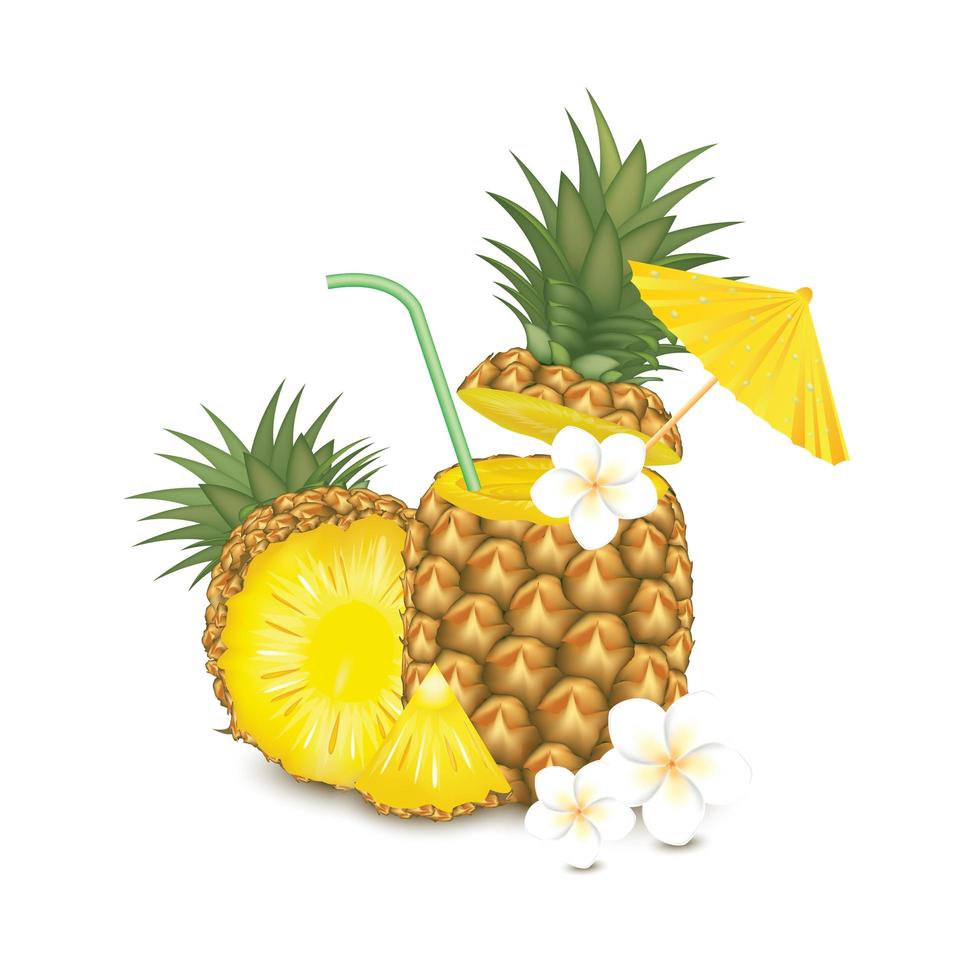 cocktail di frutta ananas realistico con fiori vettore