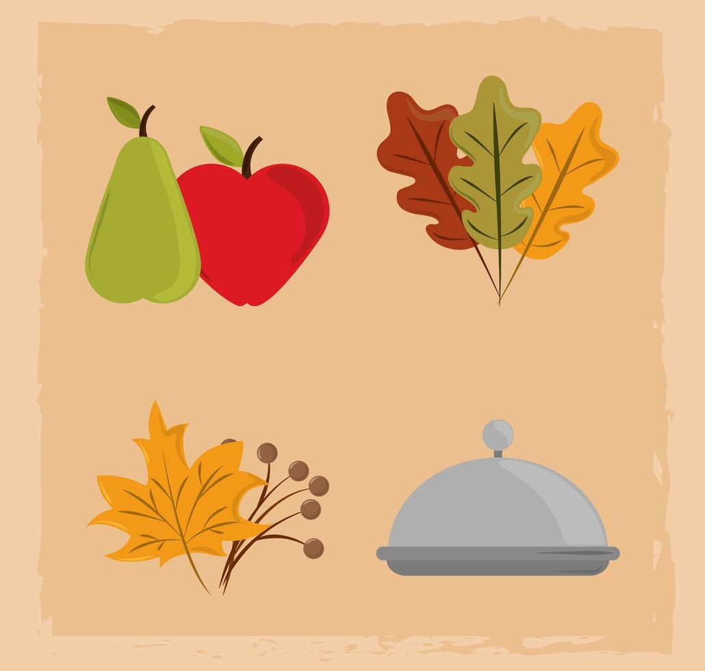 felice giorno del Ringraziamento. piatto, frutta e icone del fogliame vettore