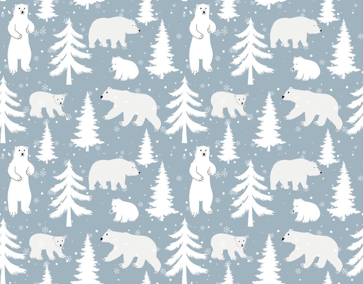 senza soluzione di continuità vettore modello con carino mano disegnato polare orsi, pino alberi e nevoso inverno bosco su buio blu sfondo. Perfetto per tessile, sfondo o Stampa design.