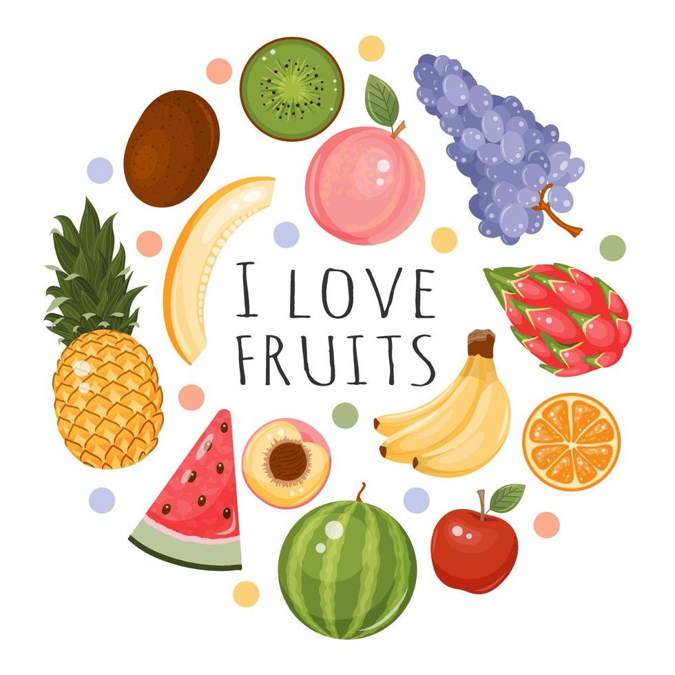 frutta nel cerchio modulo. ananas, anguria, melone, uva, kiwi, banane. cibo vettore illustrazione. isolato su bianca. cartone animato stile.