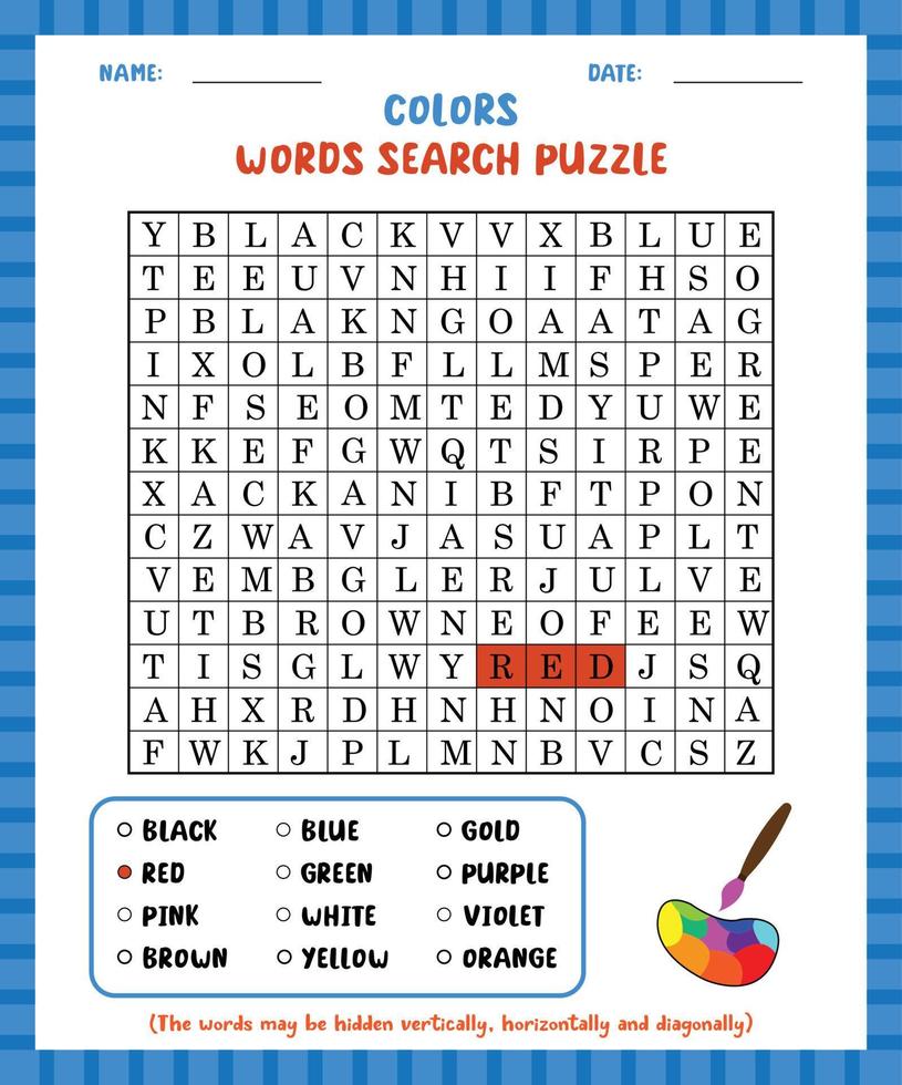 parola ricerca gioco colori parola ricerca puzzle foglio di lavoro per apprendimento inglese. vettore