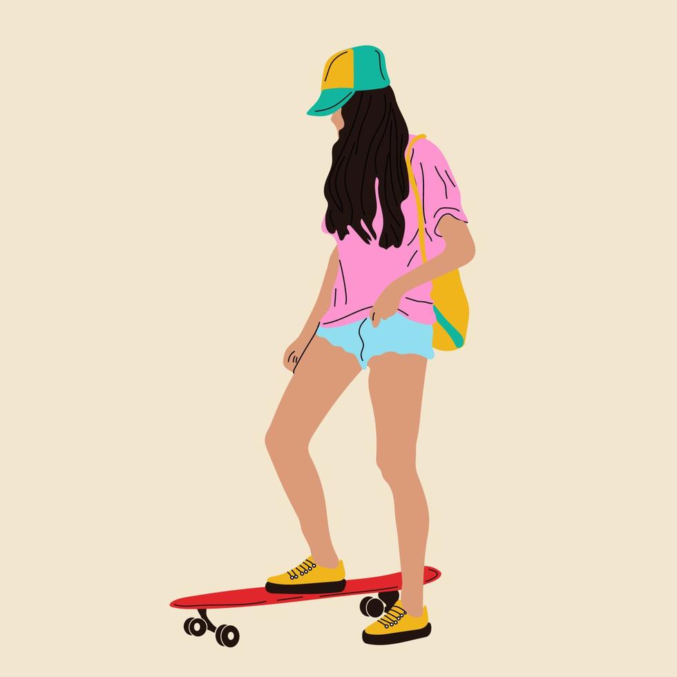 ragazza su tavola. ragazza cavalcata su skateboard o longboard di moda femmina adolescente vettore