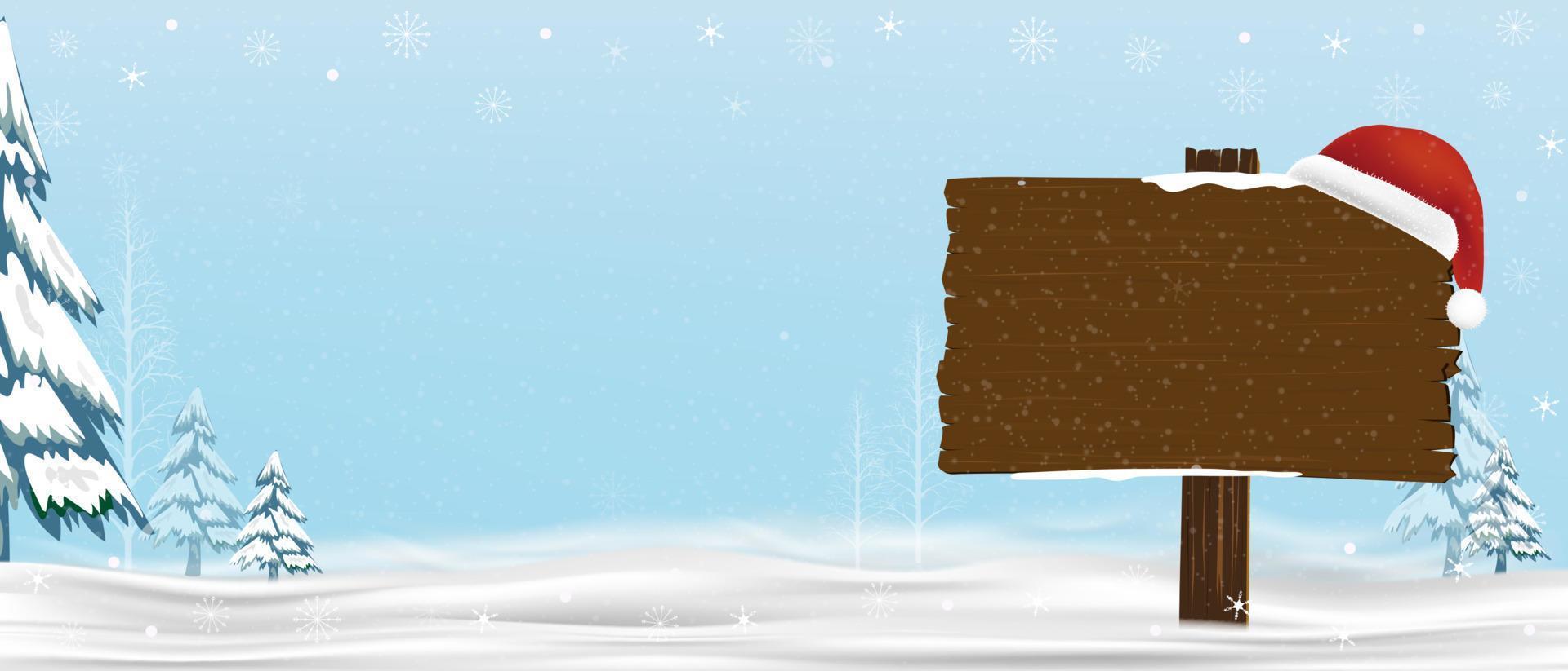 inverno, natale paesaggio con legna cartello stradale e un' rosso Santa cappello con i fiocchi di neve su blu cielo sfondo. vettore illustrazione inverno scena con Natale di legno cartello e pino albero su neve pavimento