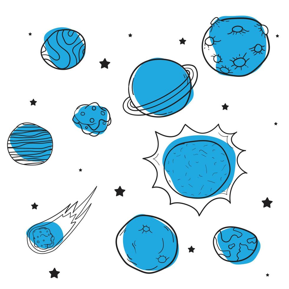linea arte di pianeta, sole, e asteroide nel cartone animato per formazione scolastica modello design vettore