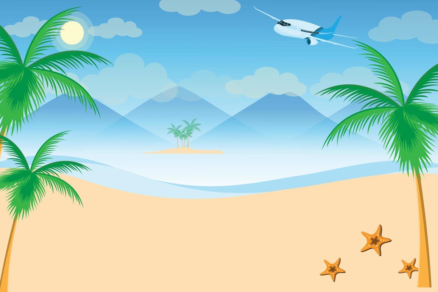 spiaggia Visualizza con montagne e blu cielo come aereo volare di vettore