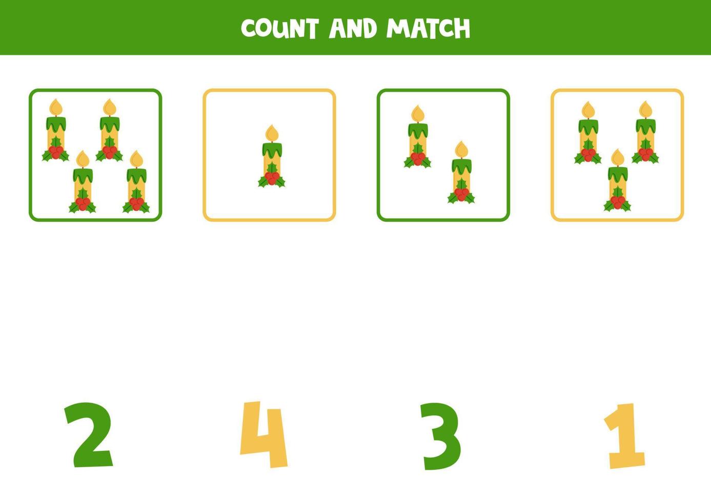 conteggio gioco per bambini. contare tutti candele e incontro con numeri. foglio di lavoro per bambini. vettore