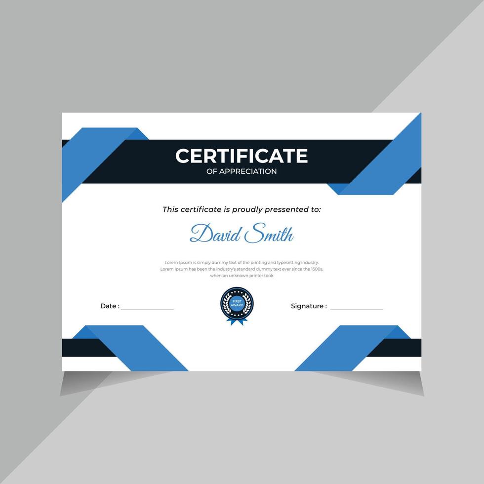 moderno certificato disegno, formazione scolastica, attività commerciale la laurea certificato modello design per tutti tipi azienda, blu colore, gratuito vettore