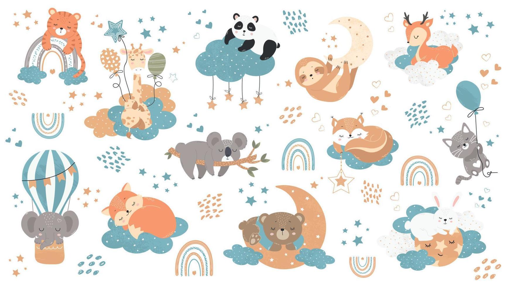 impostato di illustrazioni con poco animali addormentato su il nuvole, su il Luna tra il stelle. esotico e foresta abitanti per bambini. vettore