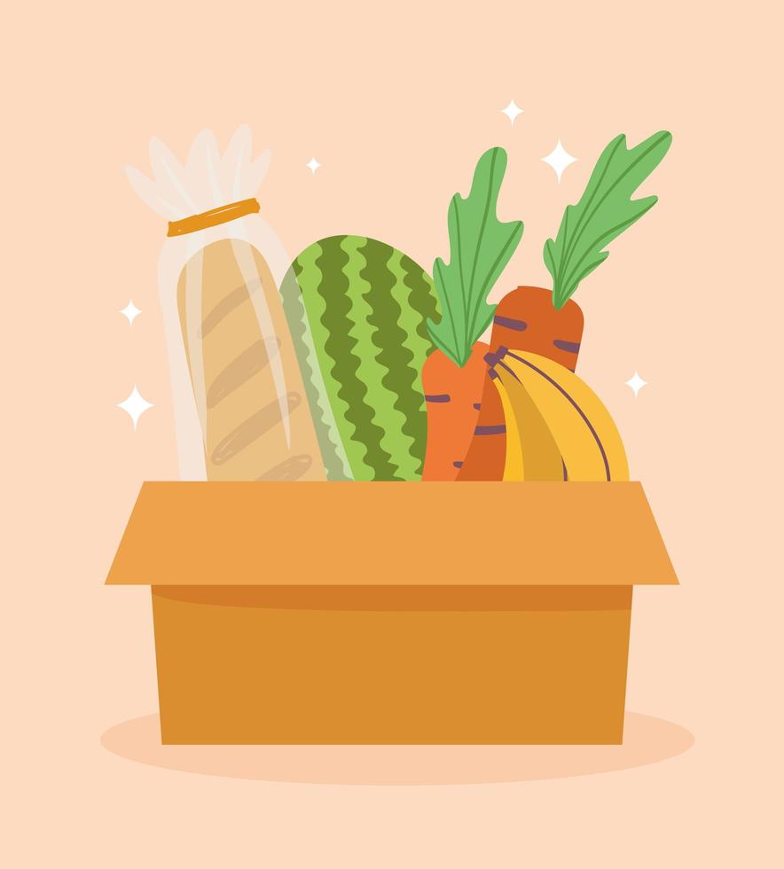 pane, frutta e verdura in scatola di cartone vettore