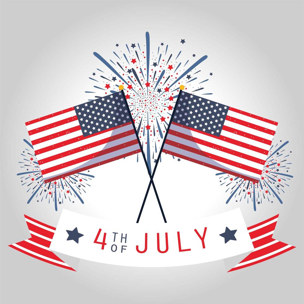 giorno dell'indipendenza degli Stati Uniti, bandiere, fuochi d'artificio e nastro vettore