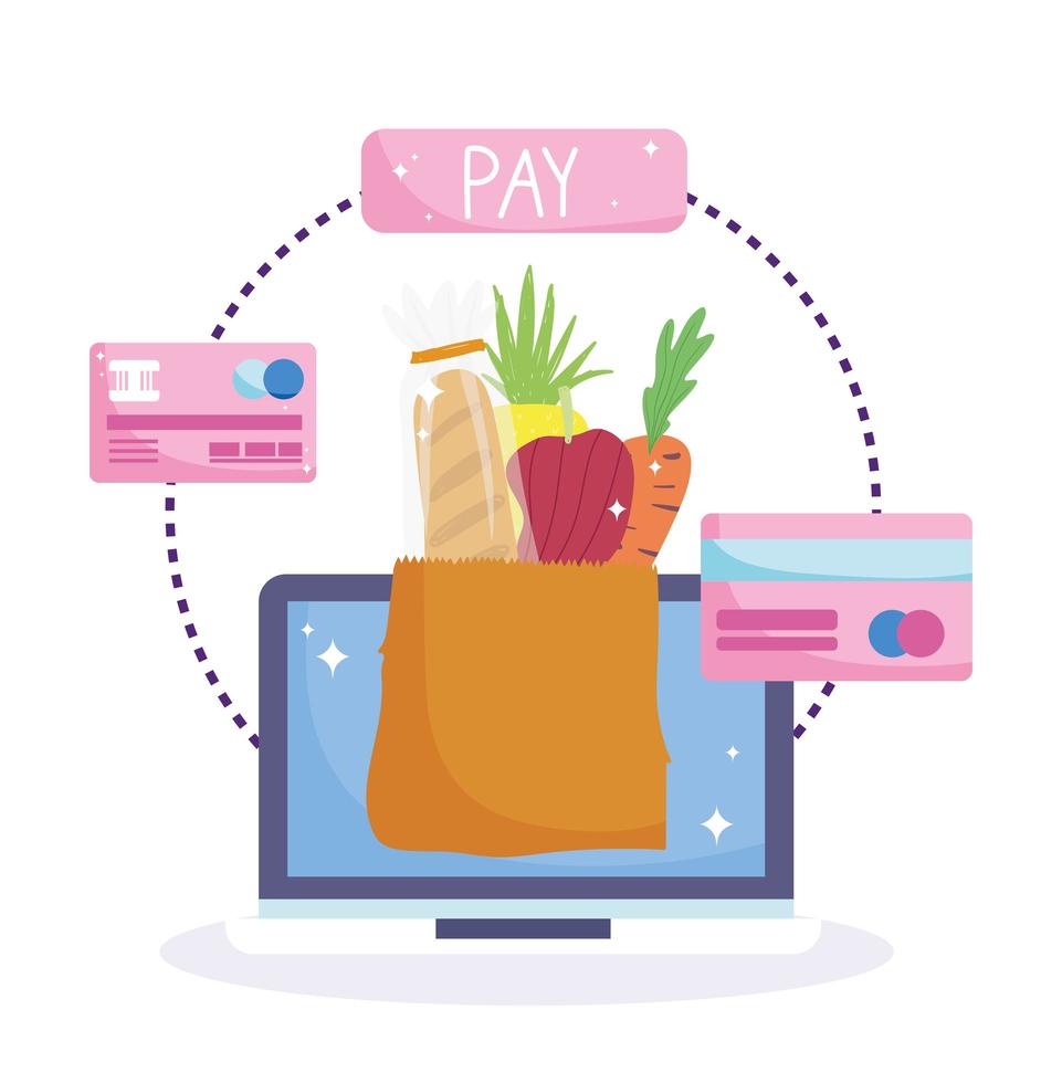 mercato online. applicazione mobile e carta di credito per il pagamento vettore