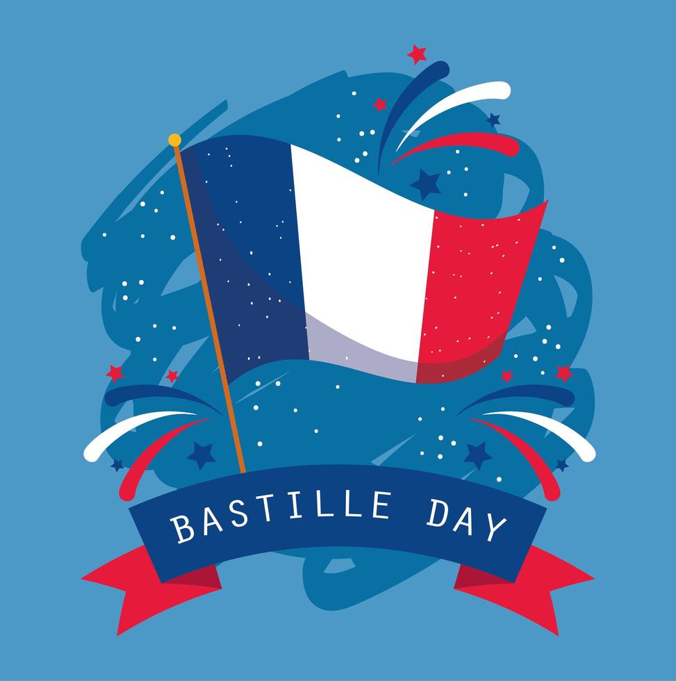 bandiera della francia con nastro di felice giorno della bastiglia vettore