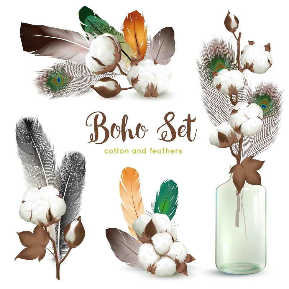 piuma di cotone realistico set stile boho vettore