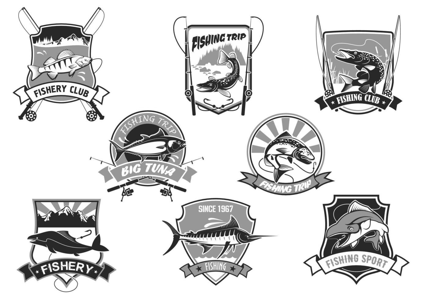vettore icone impostato per pesca o pescatore sport club
