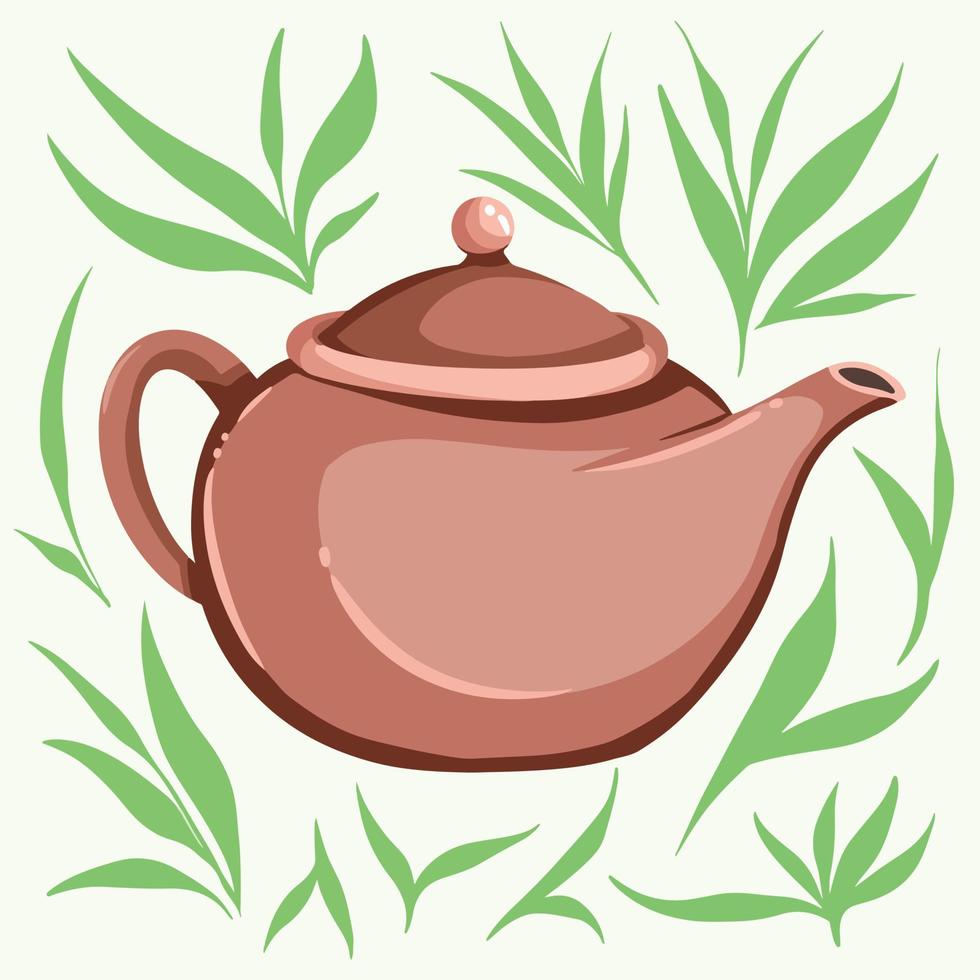 argilla tè pentola vettore illustrazione con verde foglia decorazione e leggero verde sfondo. cartone animato semplice arte stile disegno