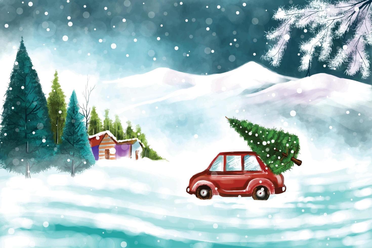 bellissimo inverno paesaggio con auto nel nevoso Natale albero sfondo vettore