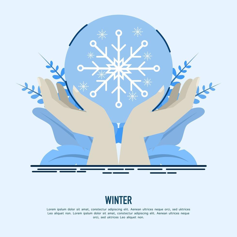 Due mani Tenere ghiaccio o neve sfera. accogliente inverno illustrazione. nevoso sfondo. vettore piatto cartone animato illustrazione. digitalmente mano disegnato.