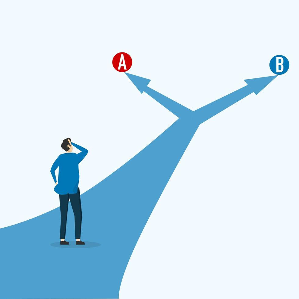 il imprenditore decide fra Due alternative. scelta decisione fabbricazione come Due separato sentiero scelte per scegliere da. attività commerciale scelta e dilemma concetto. vettore illustrazione. attività commerciale o vita