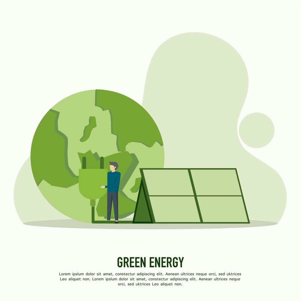 verde energia e energia Salvataggio concetto. strategie per sostenibile verde energia crescita, risorse e co2 emissione riduzione. personaggio di il uso di elettrico energia. elettricità utilizzo. vettore