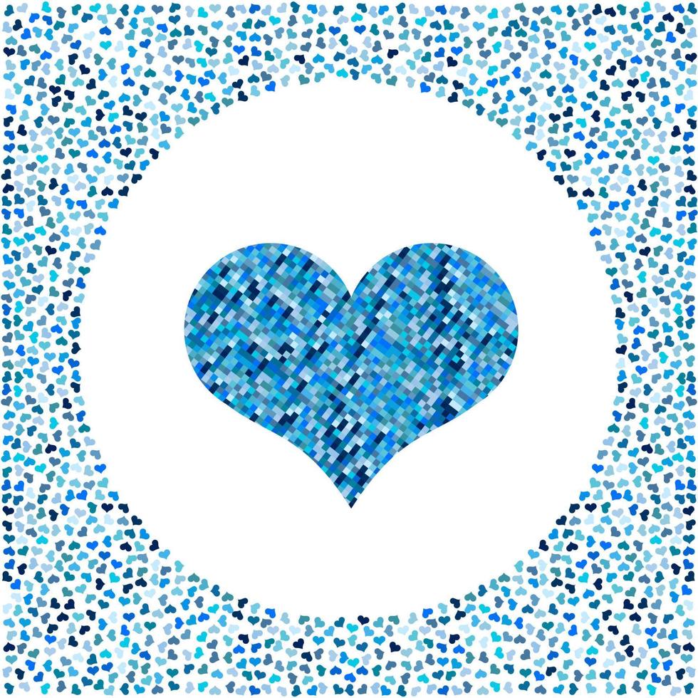 blu cuore fatto di pixel e poco cuori intorno a. san valentino giorno sfondo con molti cuori su un' bianca sfondo. simbolo di amore elemento per nozze modello. vettore