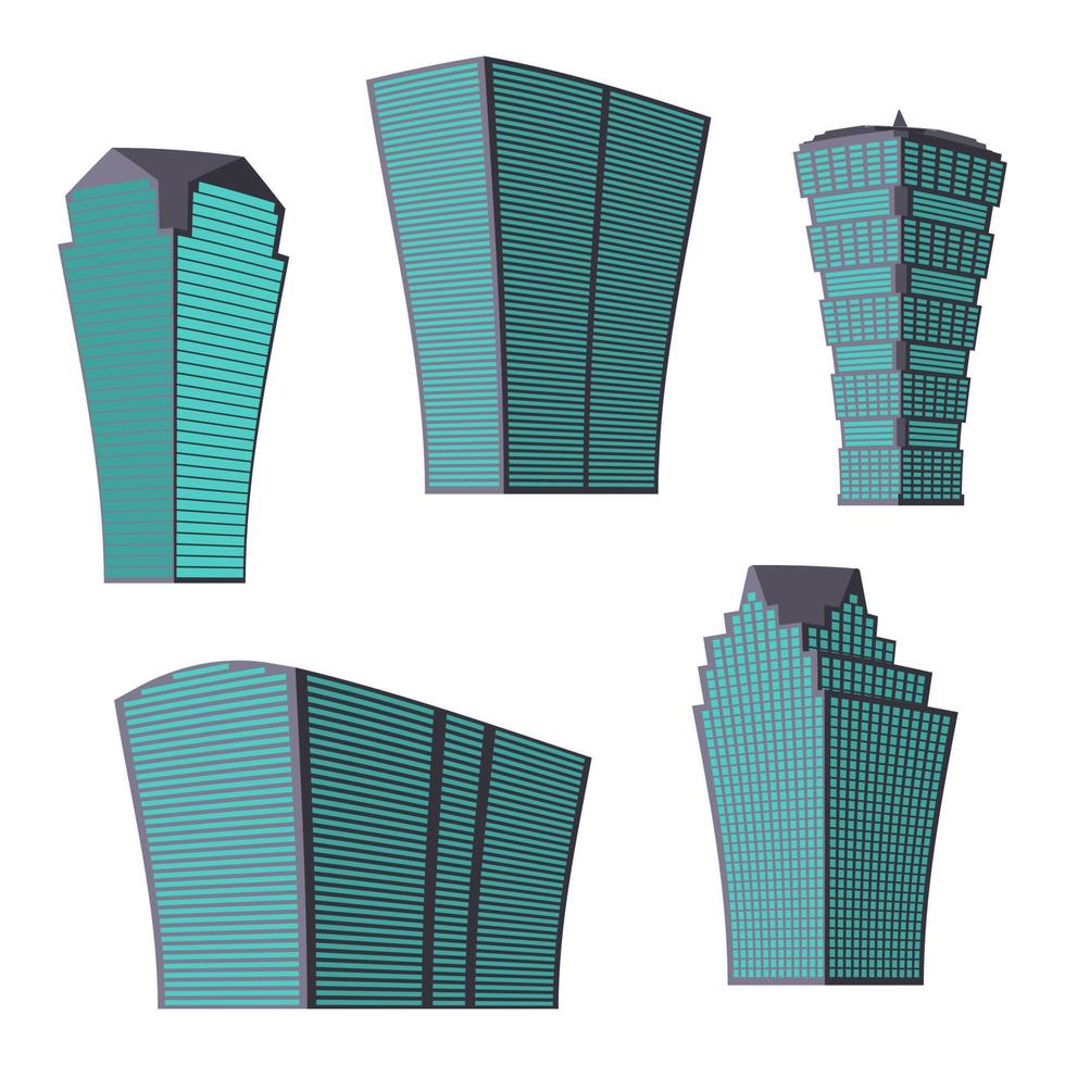 impostato di cinque moderno grattacielo edificio su un' bianca sfondo. Visualizza di il edificio a partire dal il parte inferiore. isometrico vettore illustrazione.