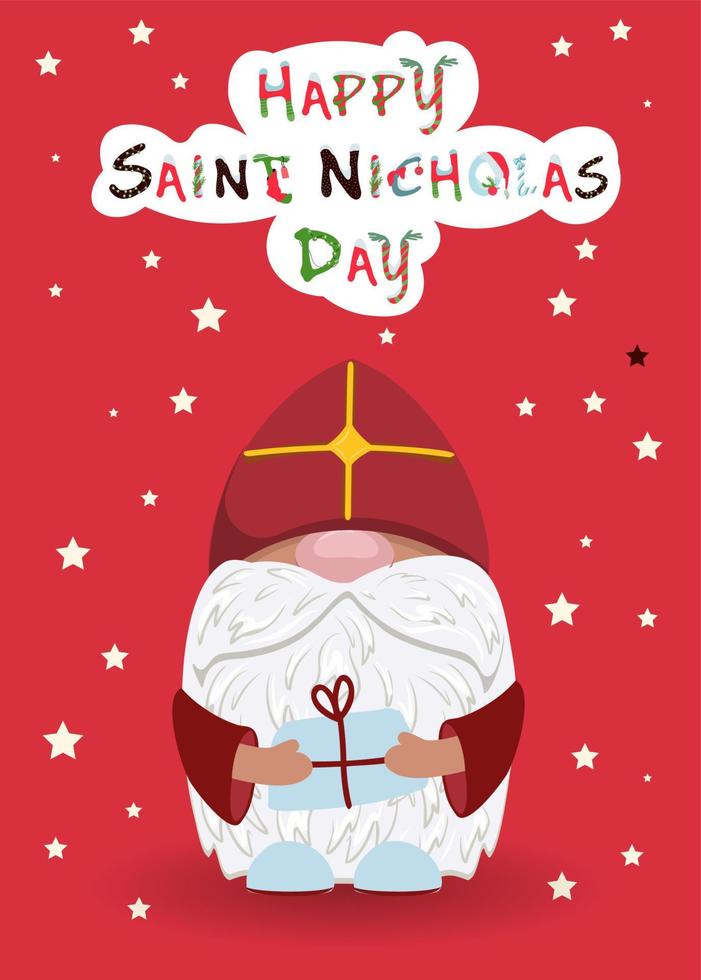 st. Nicholas giorno citazione con un' carino gnomo nel un' rosso cap.sinterklaas vigilia. vettore