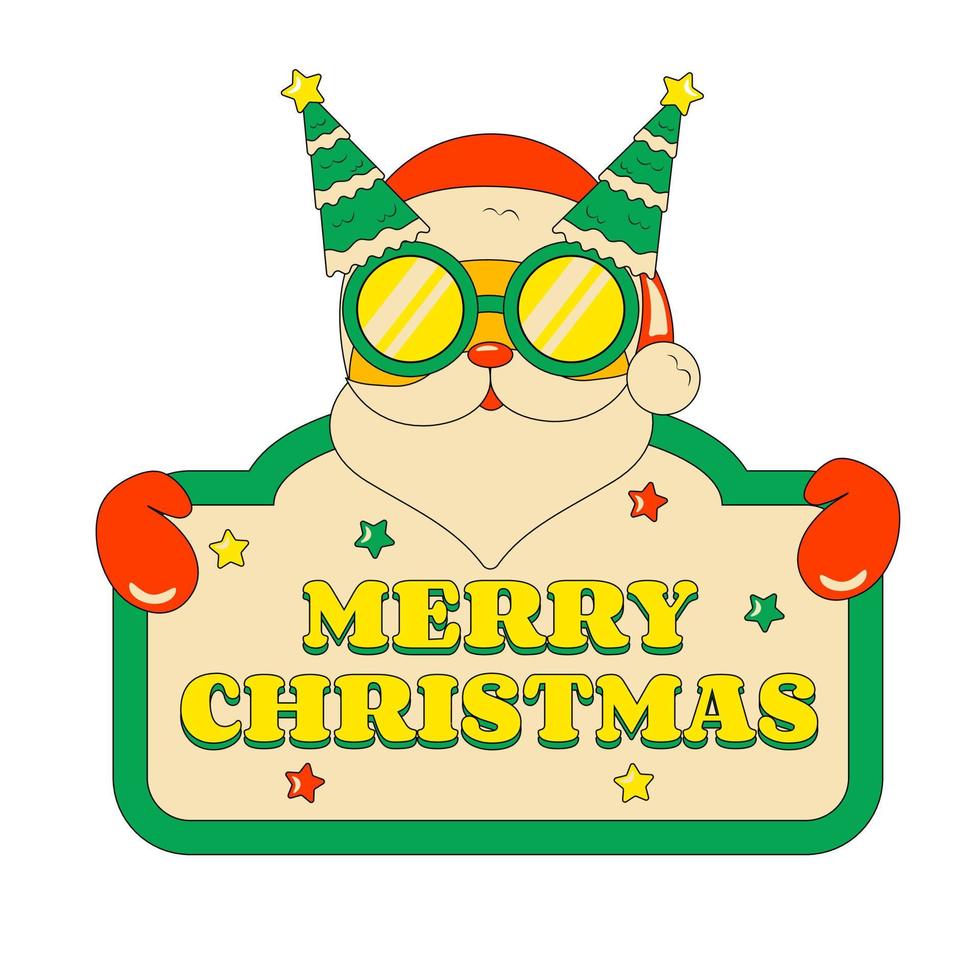 carino Santa Claus nel occhiali da sole con Natale albero Tenere cartello allegro Natale saluto decorativo elemento nel retrò scanalatura stile vettore