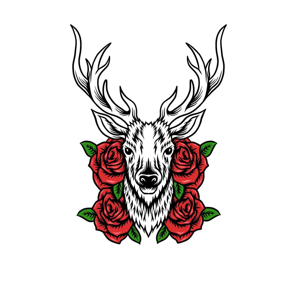 cervo testa con Rose vettore illustrazione per maglietta disegno, logo, portafortuna logo, emblema, etichetta
