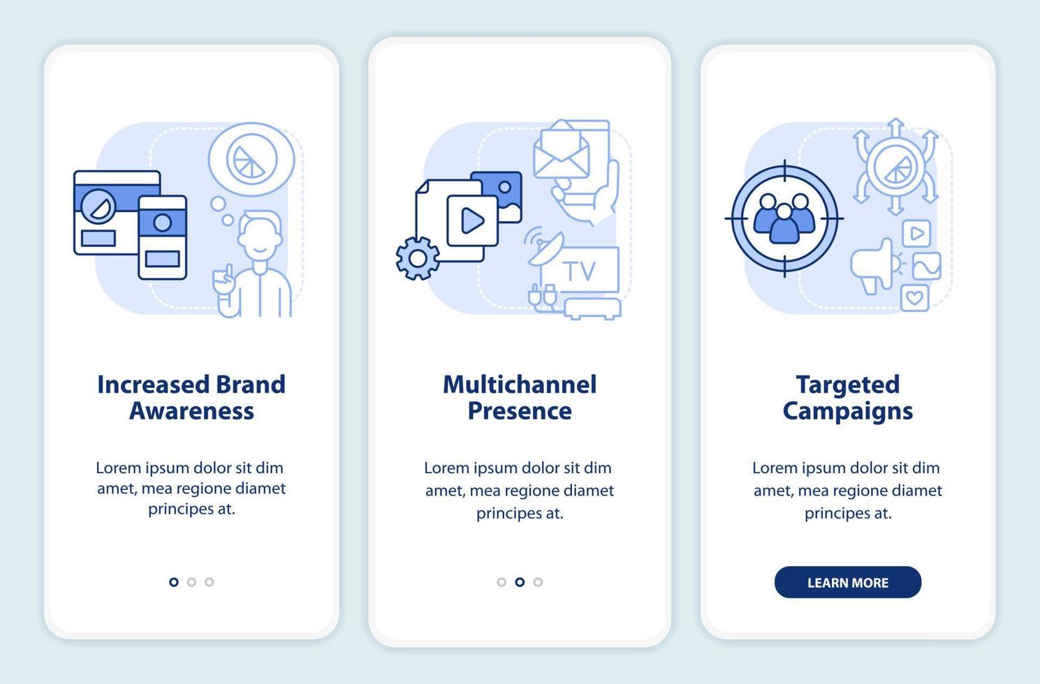 digitale trasformazione professionisti leggero blu onboarding mobile App schermo. Procedura dettagliata 3 passaggi grafico Istruzioni pagine con lineare concetti. ui, ux, gui modello. vettore