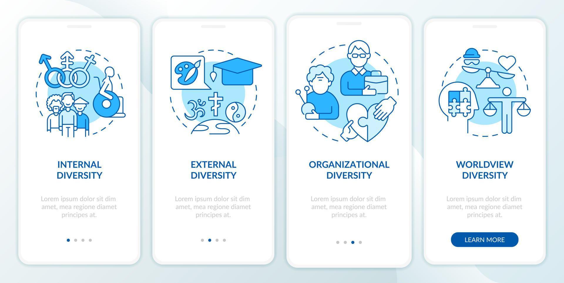 posto di lavoro diversità blu onboarding mobile App schermo. tolleranza Procedura dettagliata 4 passaggi modificabile grafico Istruzioni con lineare concetti. ui, ux, gui modello. vettore