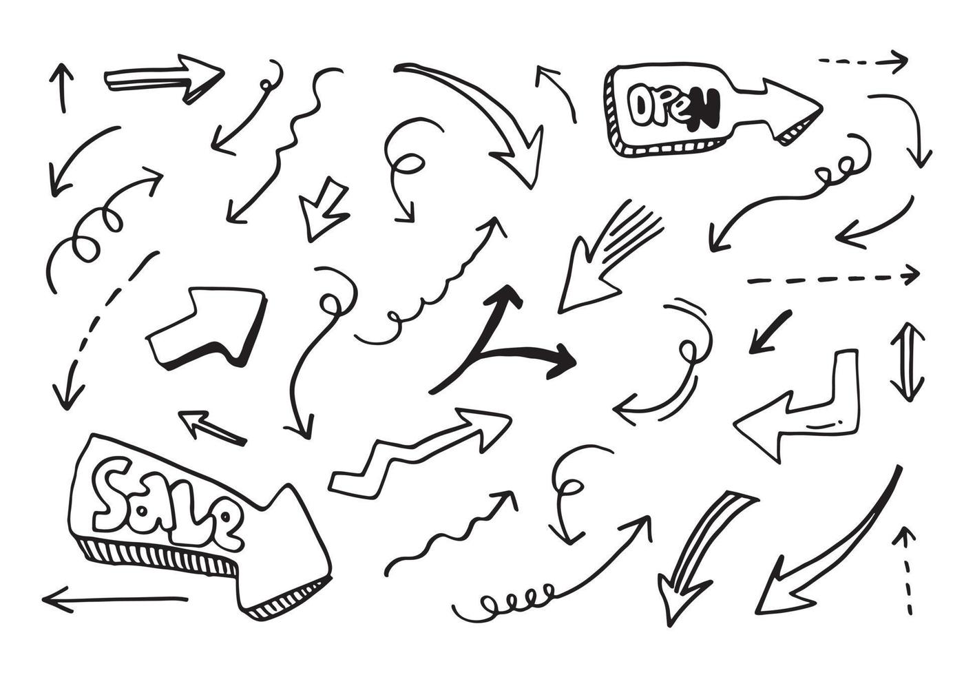 scarabocchiare elementi di design. frecce disegnate a mano isolate su sfondo bianco. illustrazione vettoriale. vettore