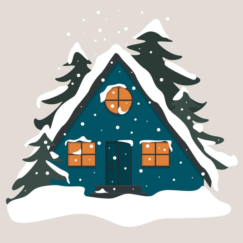 triangolare di legno blu cabina. Casa tra il alberi. nevoso paesaggio nel il inverno stagione. accogliente edificio nel natura. illustrazione per figli di libro o turista vacanza nel il foresta vettore