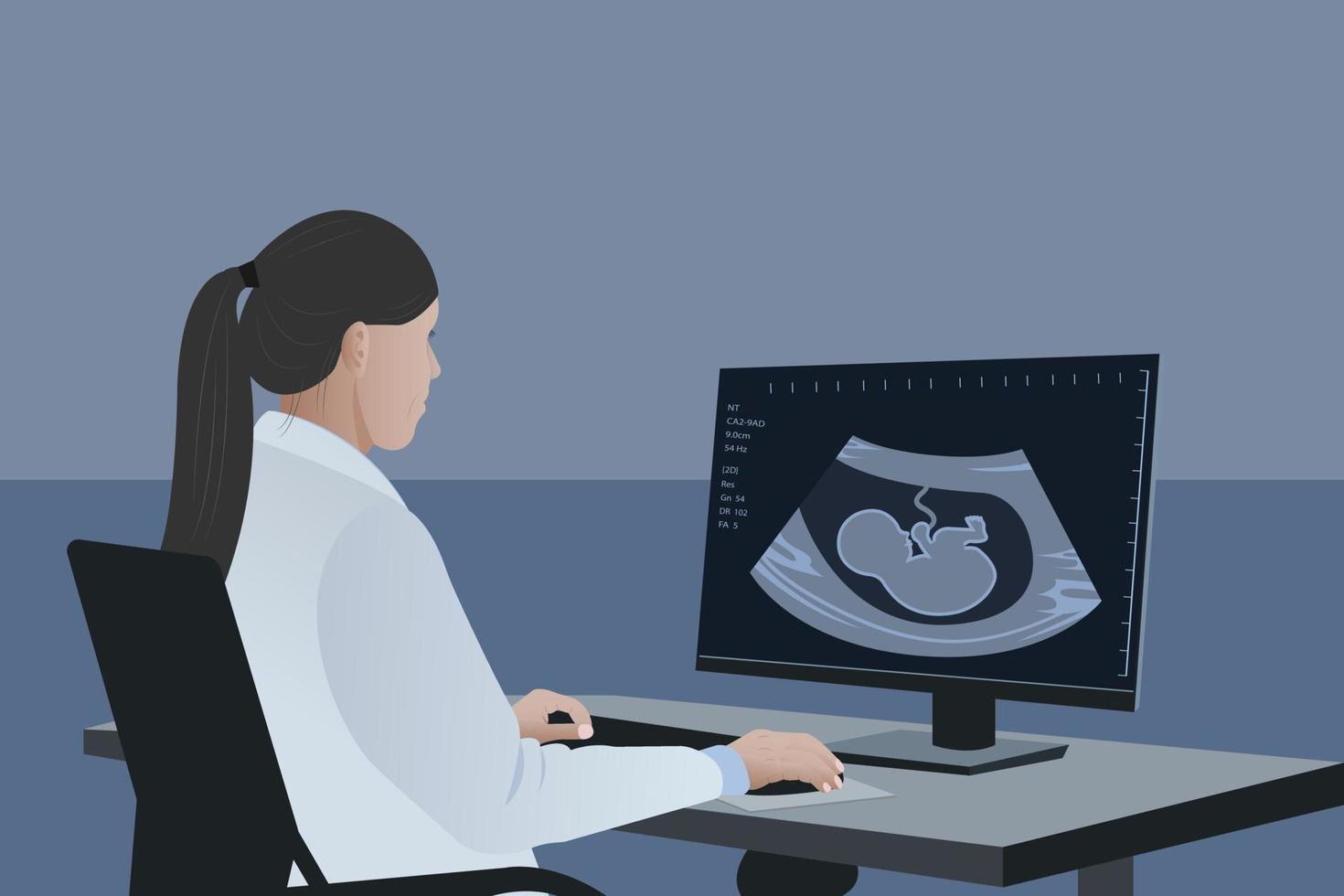 un' femmina medico sembra a il risultato di un ultrasuono scansione. medico diagnosi di un' bambino nel il grembo, gravidanza e Salute vettore