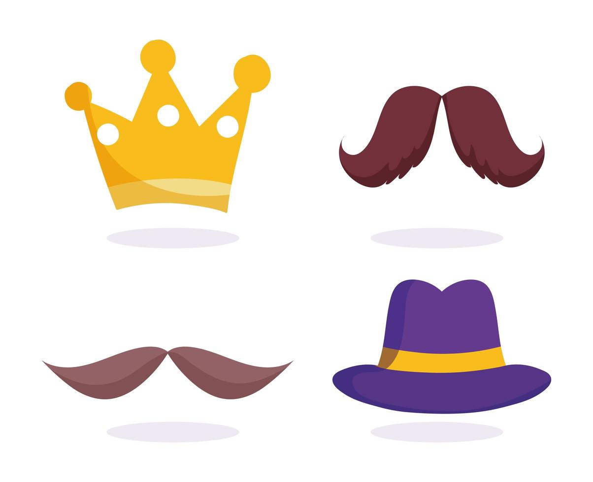 set di icone di corona d'oro, baffi e cappello vettore