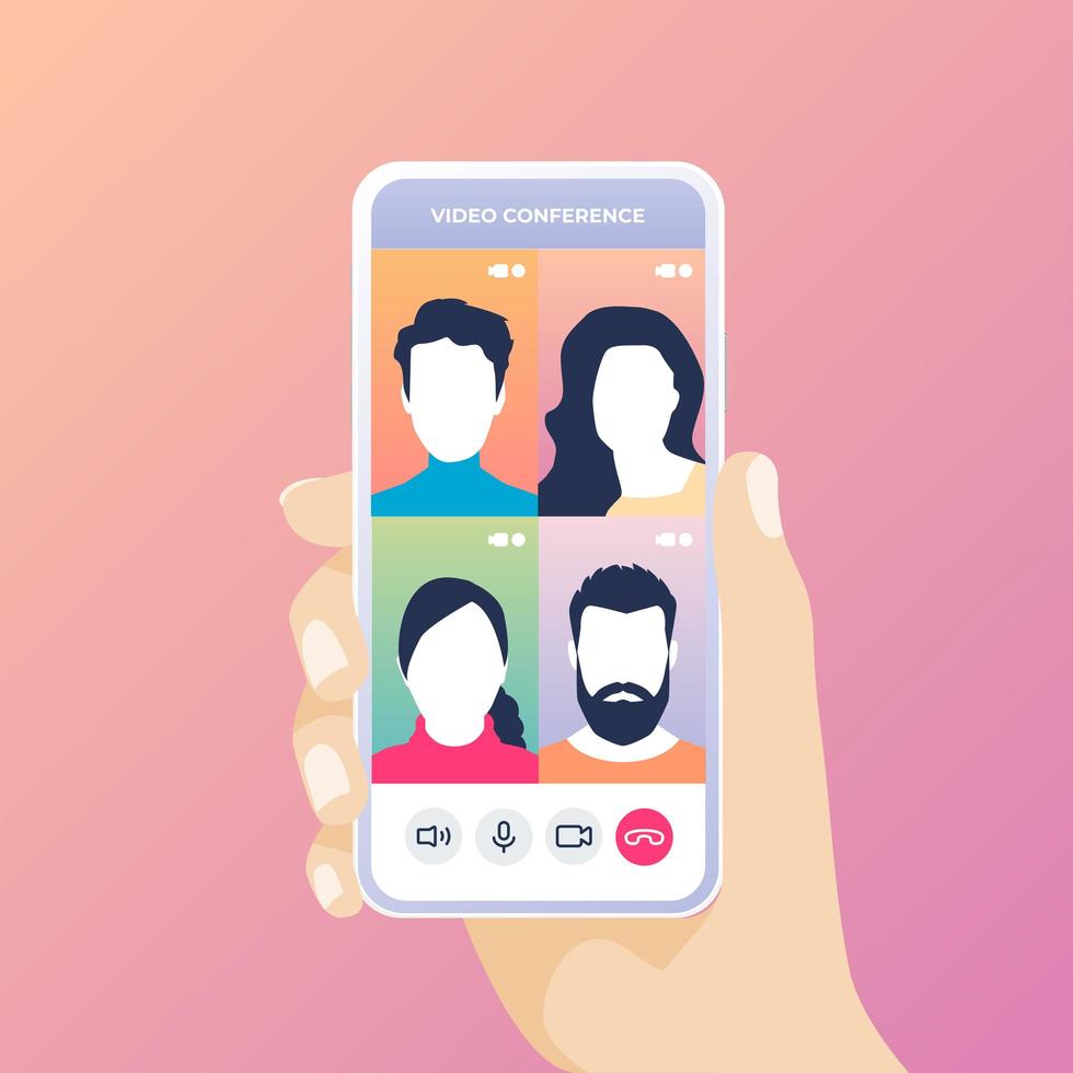 mano che tiene il telefono parlando in videoconferenza vettore