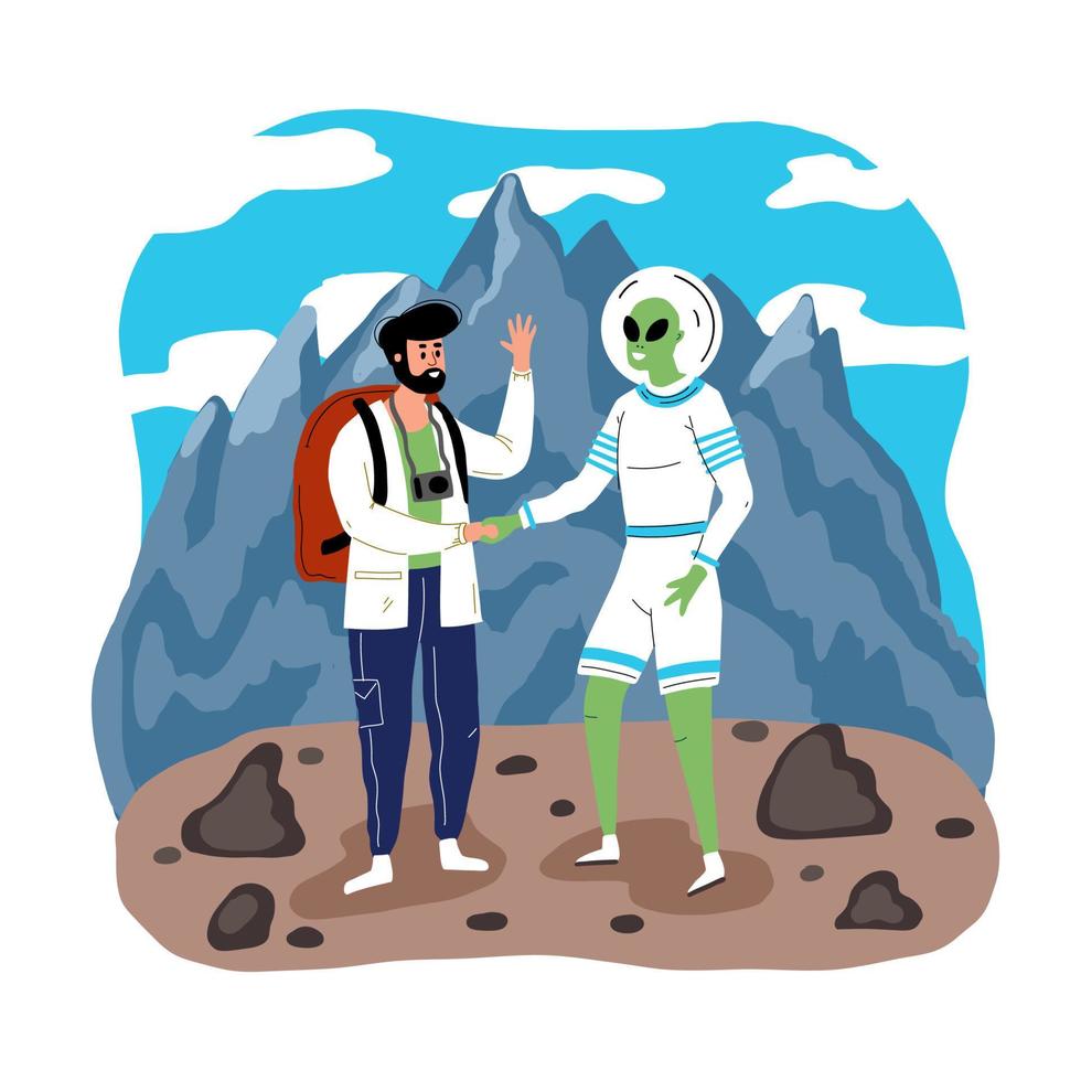 ufologo incontrato un alieno nel il montagne. un' tipo saluta un' ufo vettore