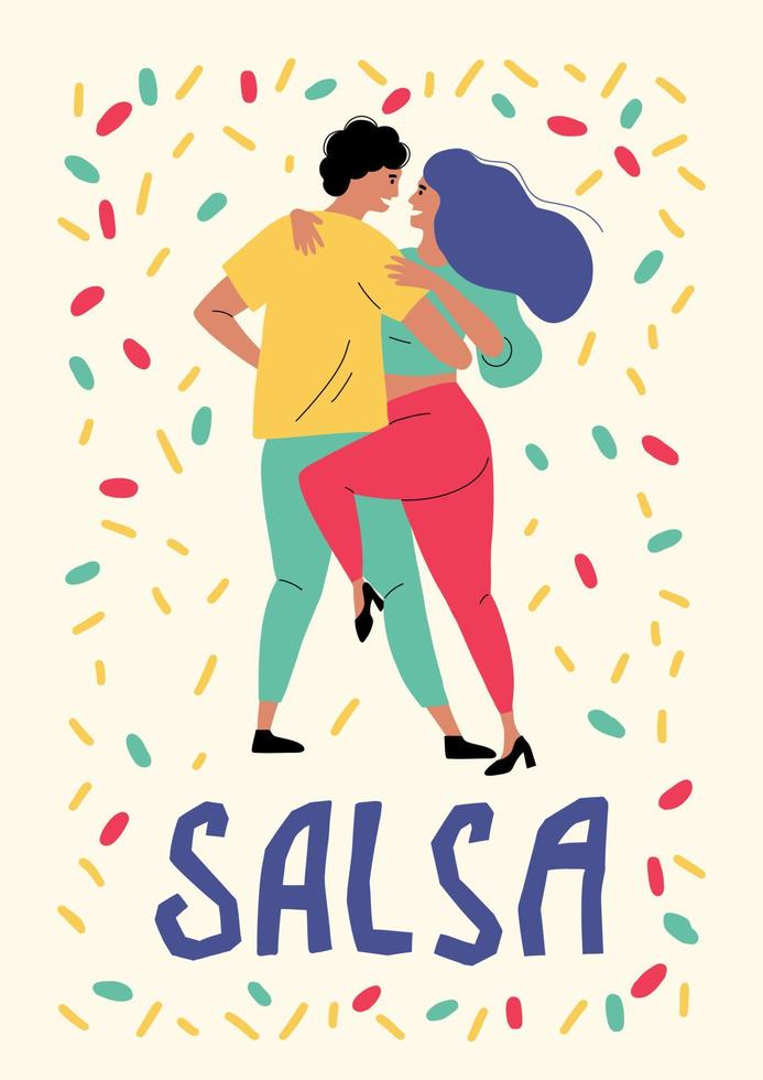 un' donna e un' uomo siamo danza salsa. un' coppia danza latino balli. Gli amanti appassionatamente mossa per il musica. rumba, samba, bachata e merengue vettore