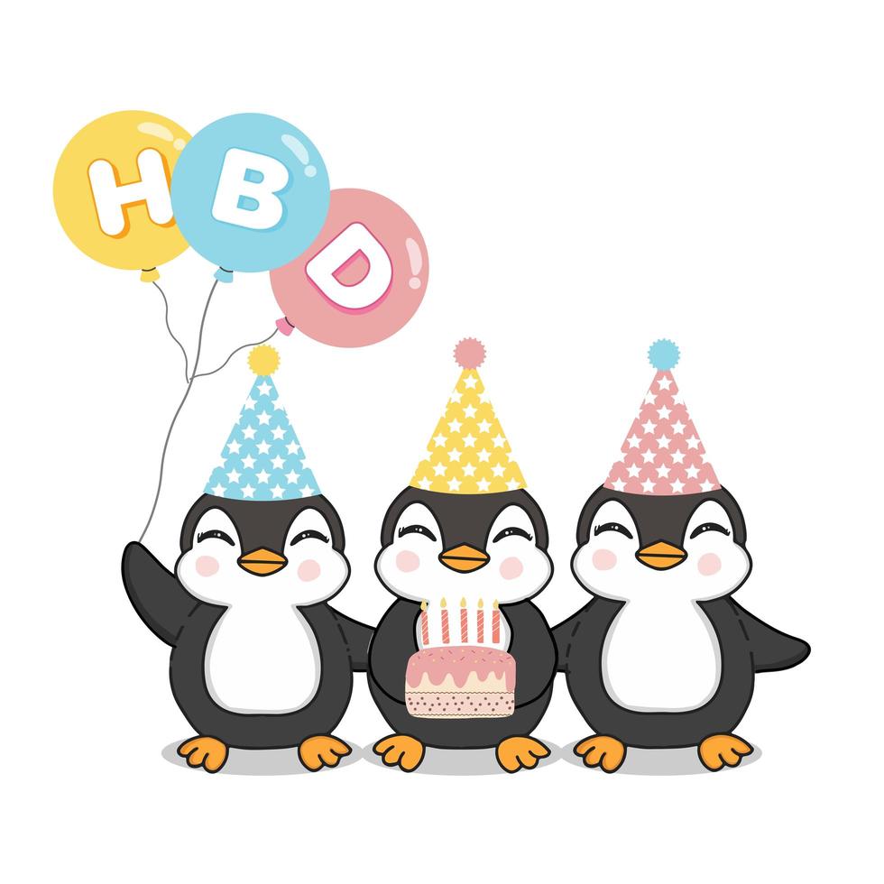 felici simpatici pinguini che festeggiano il compleanno vettore