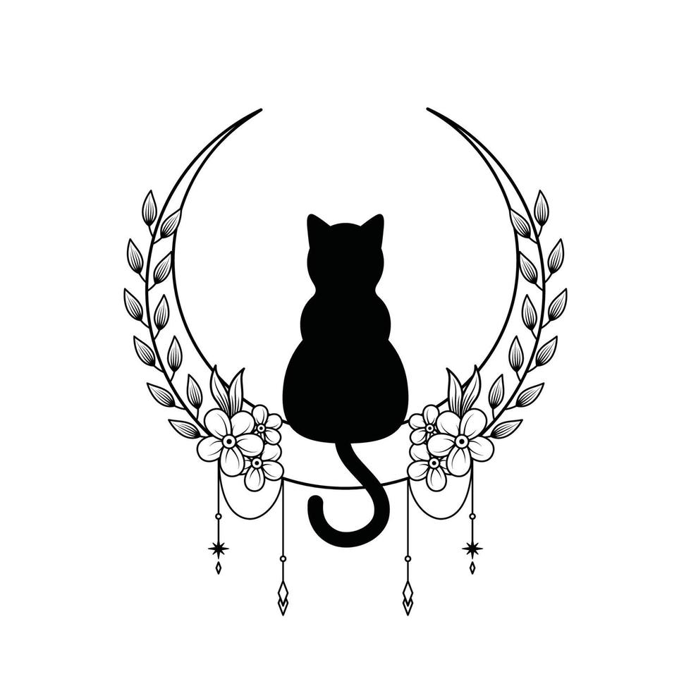 monocromatico floreale gatto logo design per tatuaggio aziendale o azienda vettore