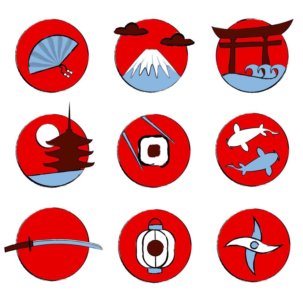 Giappone icona impostato vettore illustrazione. il giro e rosso icone. icone per sociale media. Giappone simboli. tre colori icone. punti salienti per sociale media. fan, montagna, pagoda, Sushi, kai carpe e katana.