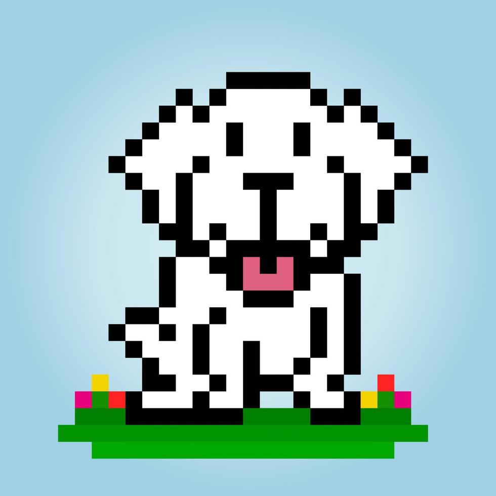 Pixel a 8 bit di cane bianco. animali per giochi di risorse nelle illustrazioni vettoriali. schema punto croce. vettore
