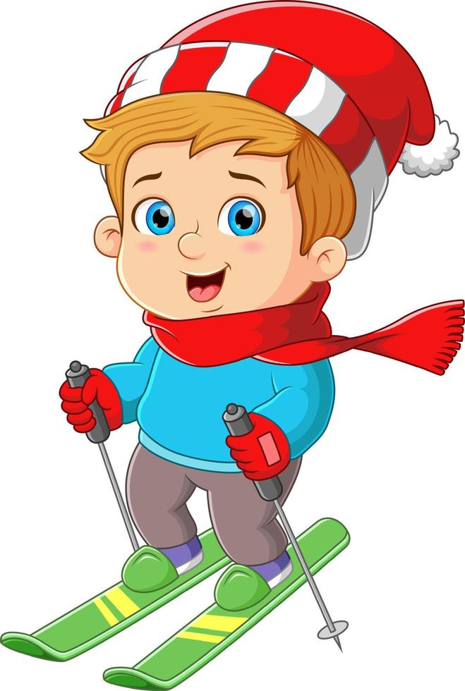 il ragazzo è giocando e scorrevole con il sciare a partire dal il montagna neve vettore